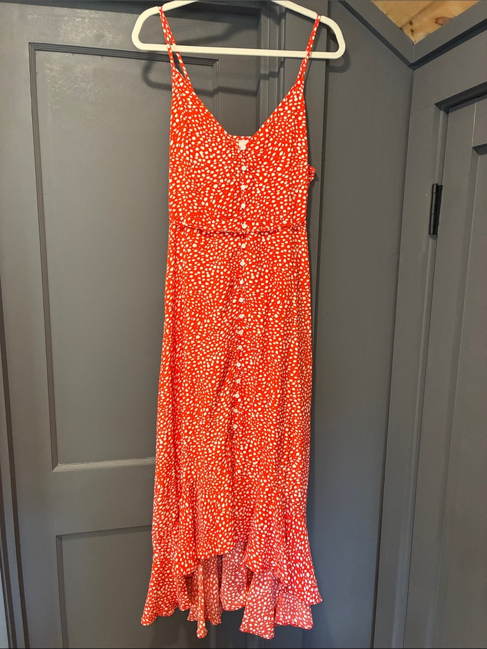 H&M Red Spotted Midi Dress with Ruffle Hem